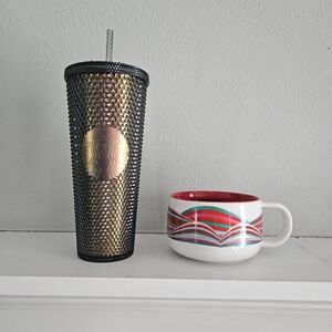 NWOT Starbucks Gold/Black Shift Studded Tumbler And Candy Swirl Mug Bundle